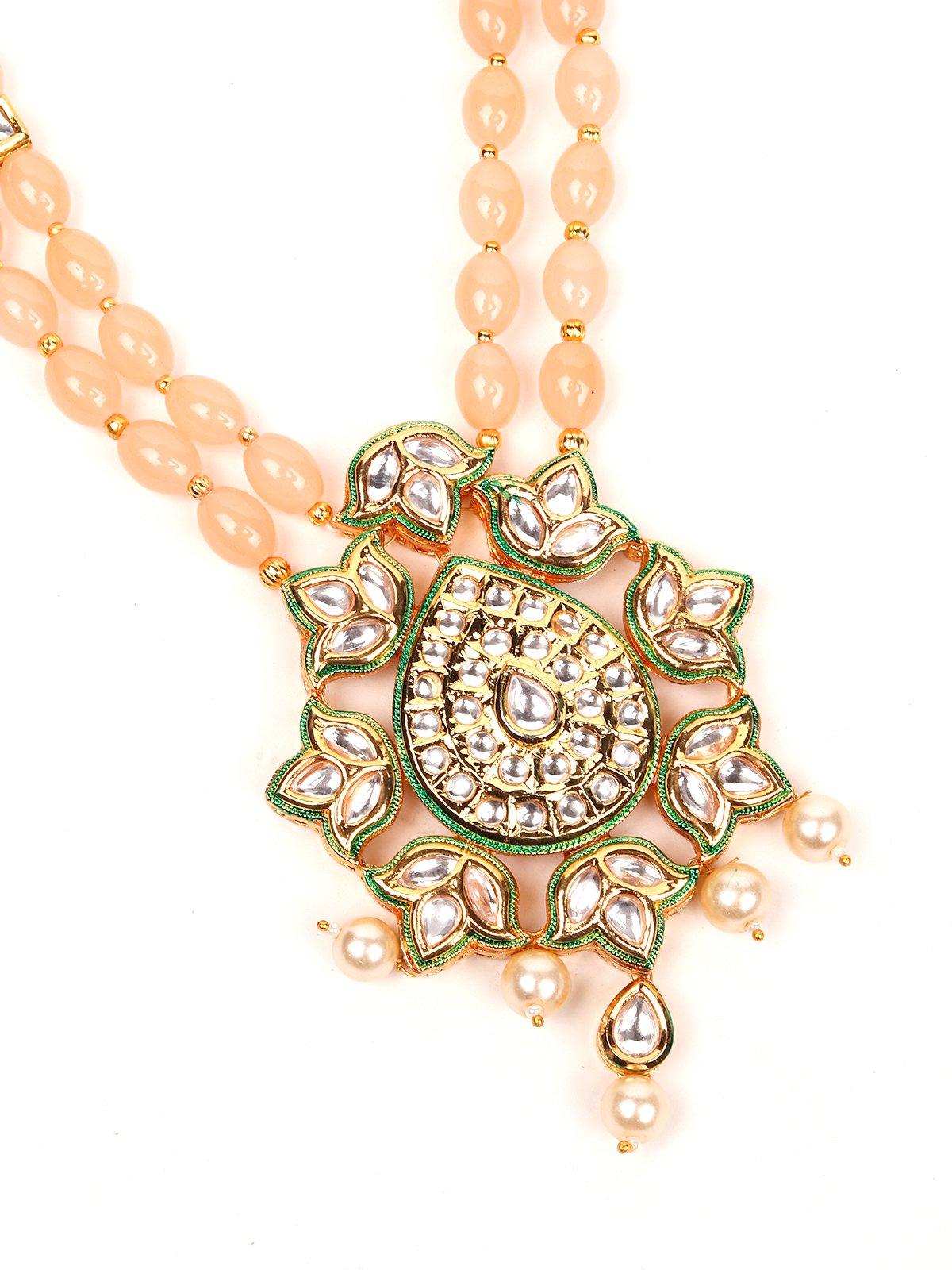 Peach beaded pendant necklace set - Rajwada
