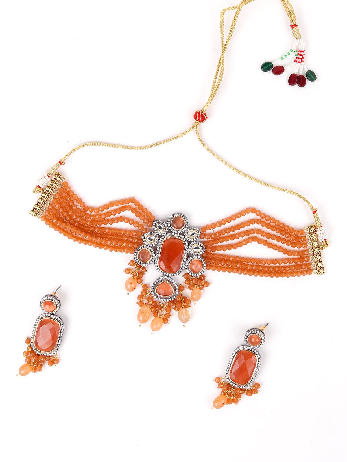Peach Multi-String Beaded Choker Necklace - Rajwada