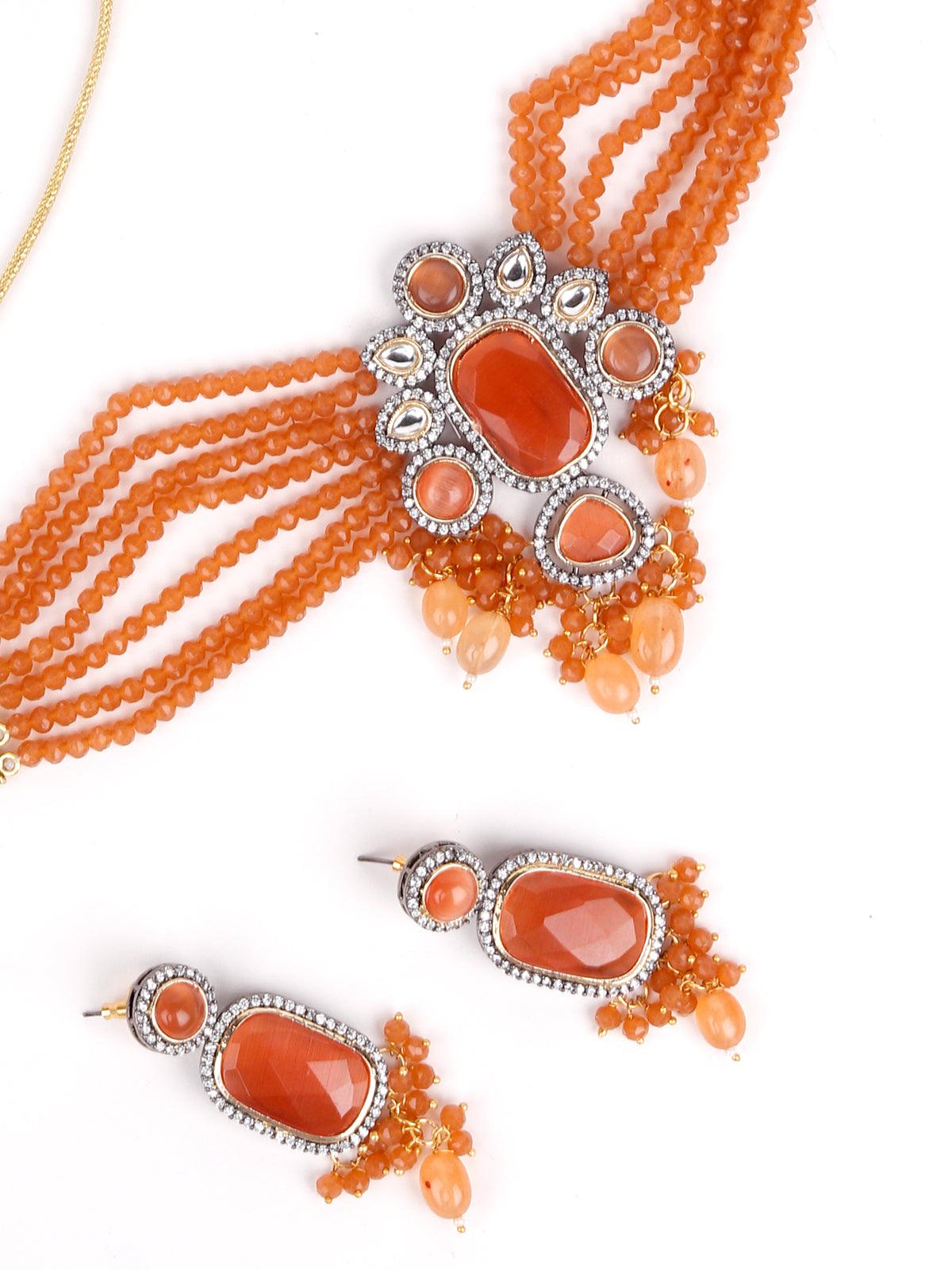 Peach Multi-String Beaded Choker Necklace - Rajwada