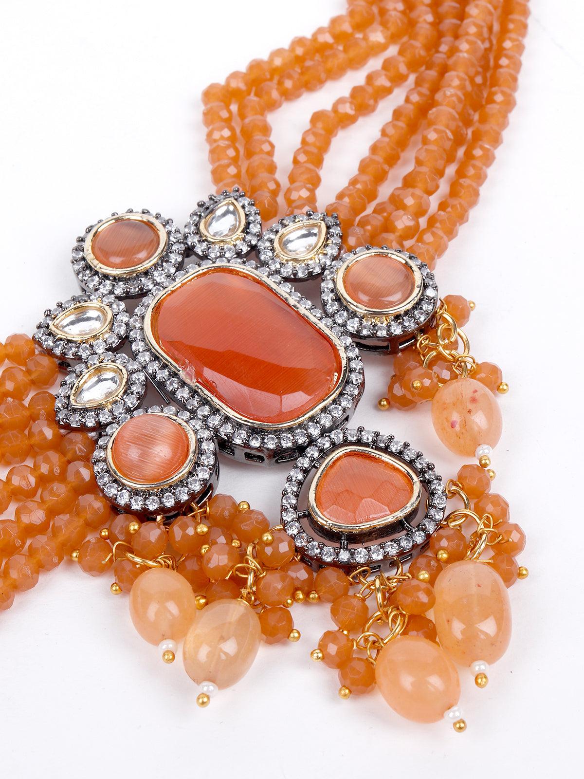 Peach Multi-String Beaded Choker Necklace - Rajwada