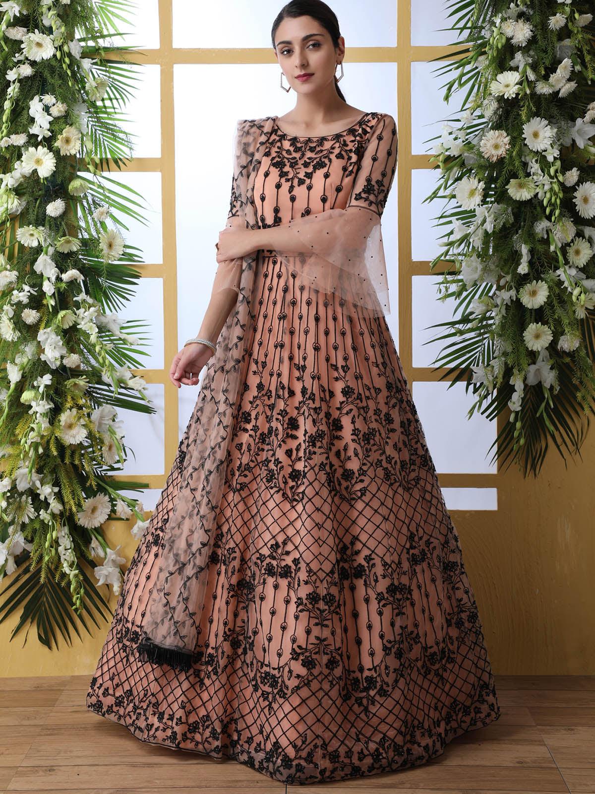 Peach Net Embroided  Anarkali - Rajwada