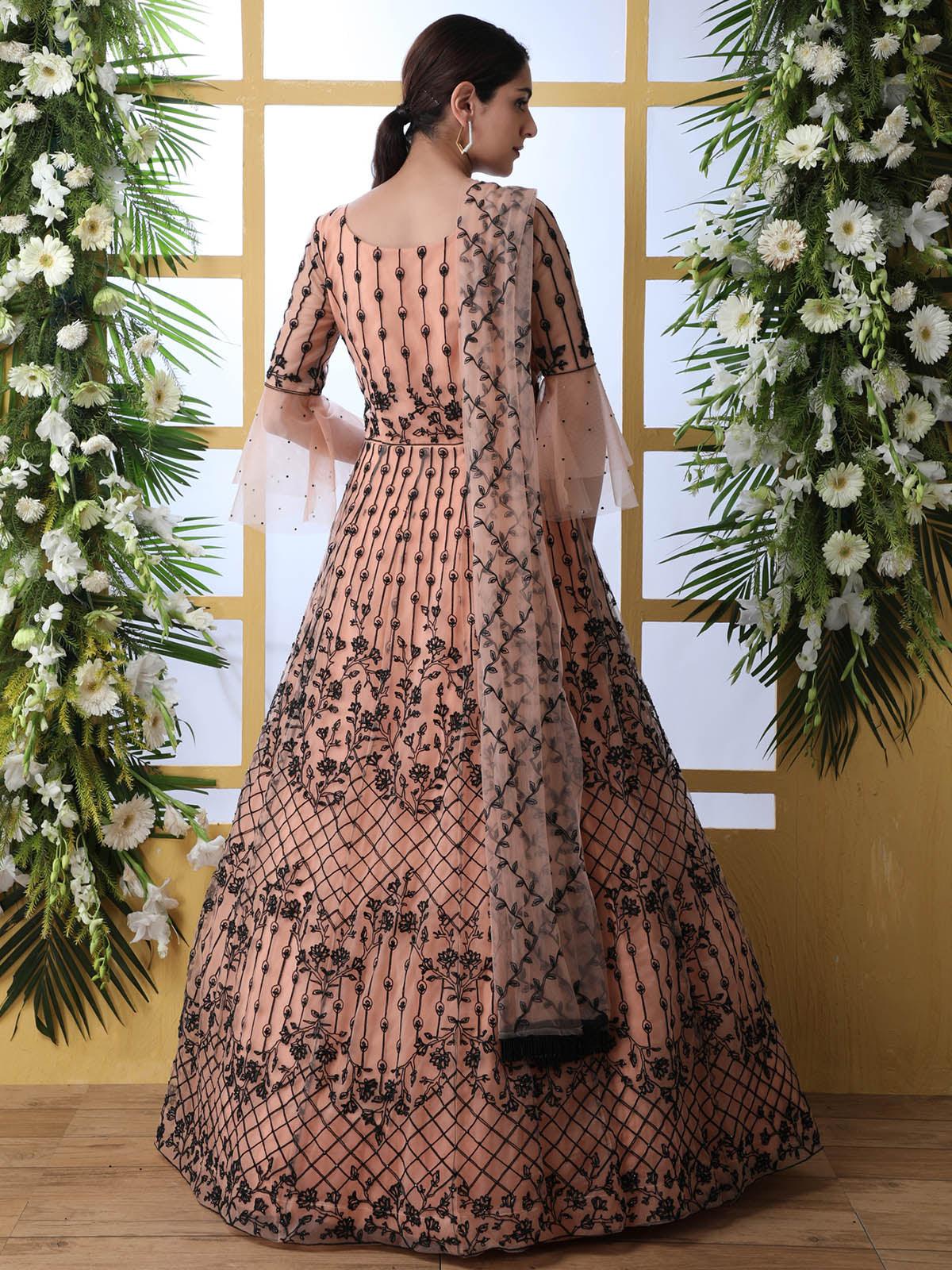 Peach Net Embroided  Anarkali - Rajwada