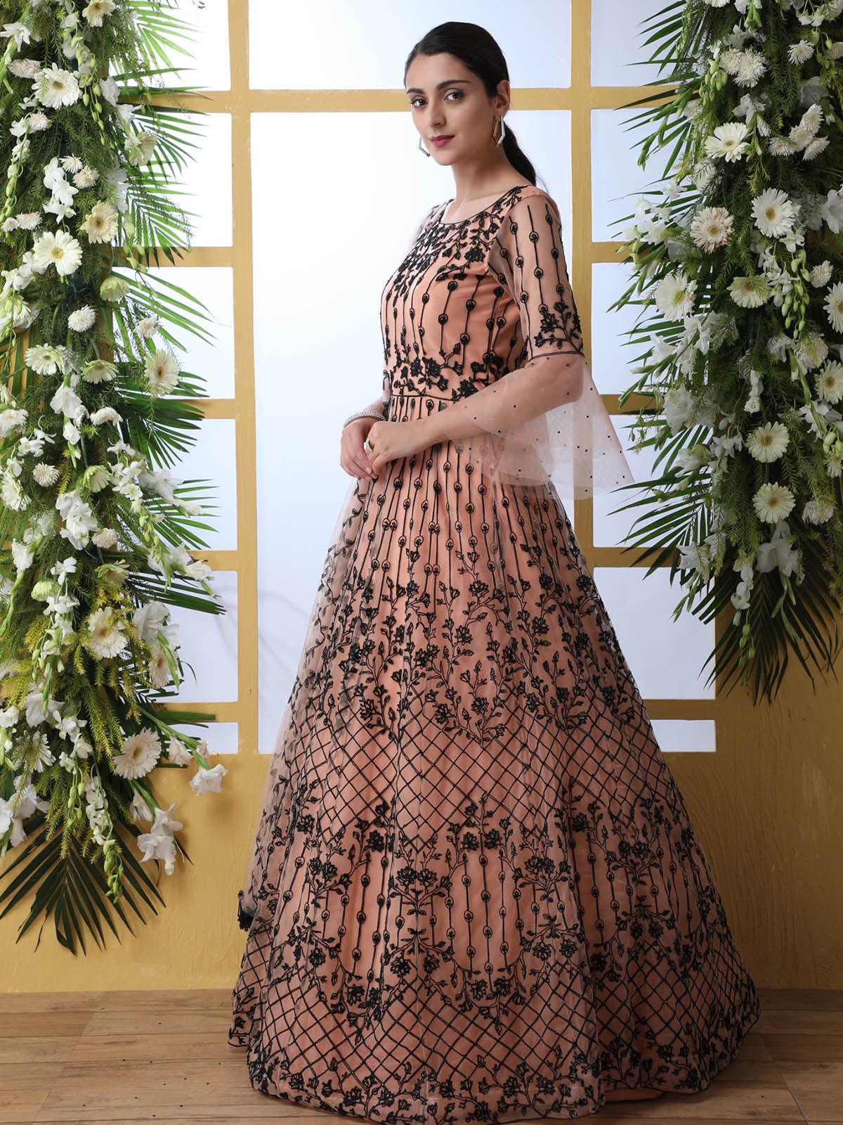 Peach Net Embroided  Anarkali - Rajwada