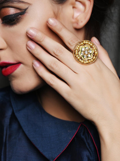 Pearl Kundan Adjustable Finger Ring - Rajwada