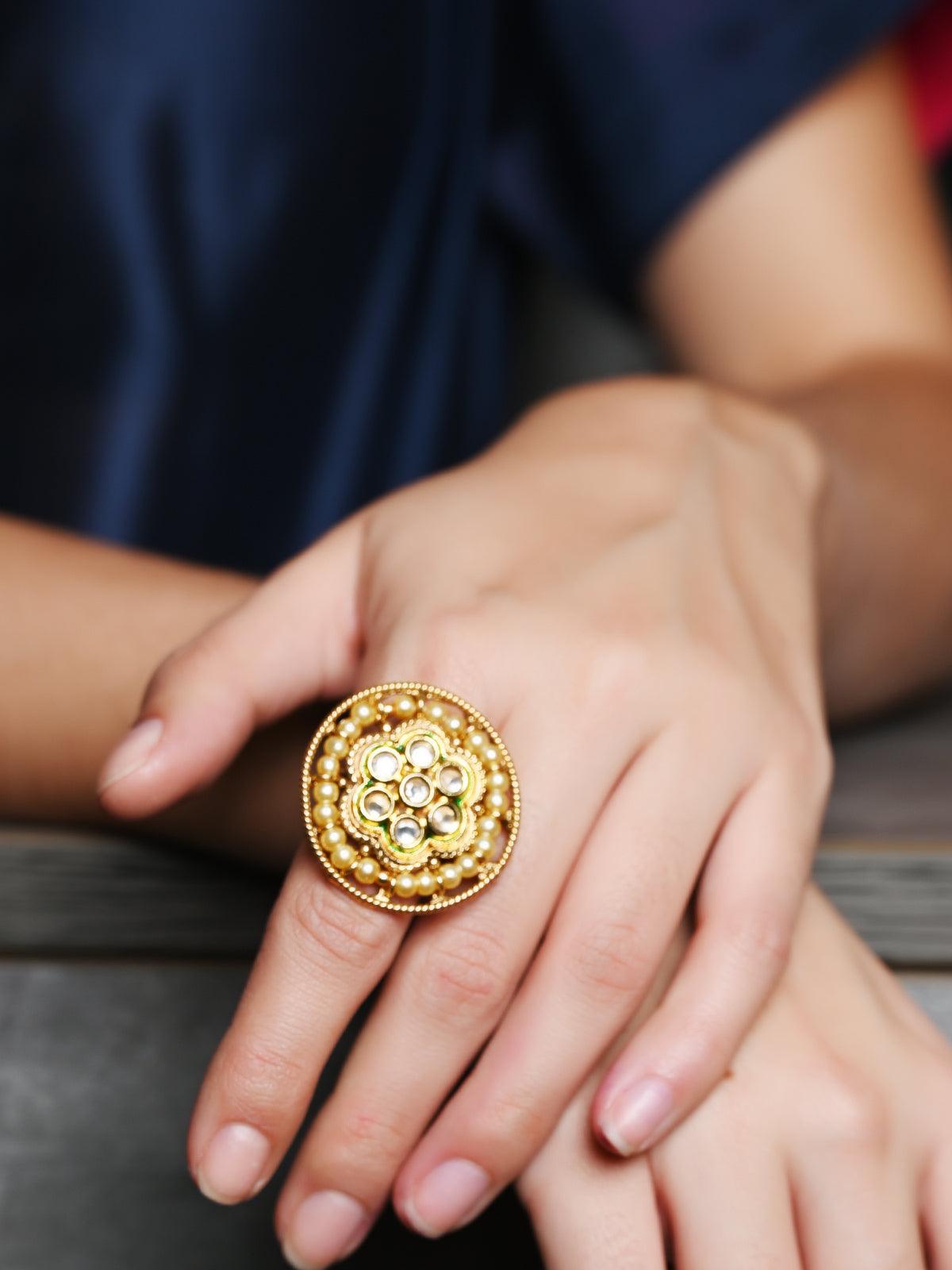 Pearl Kundan Adjustable Finger Ring - Rajwada