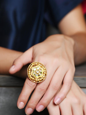 Pearl Kundan Adjustable Finger Ring - Rajwada