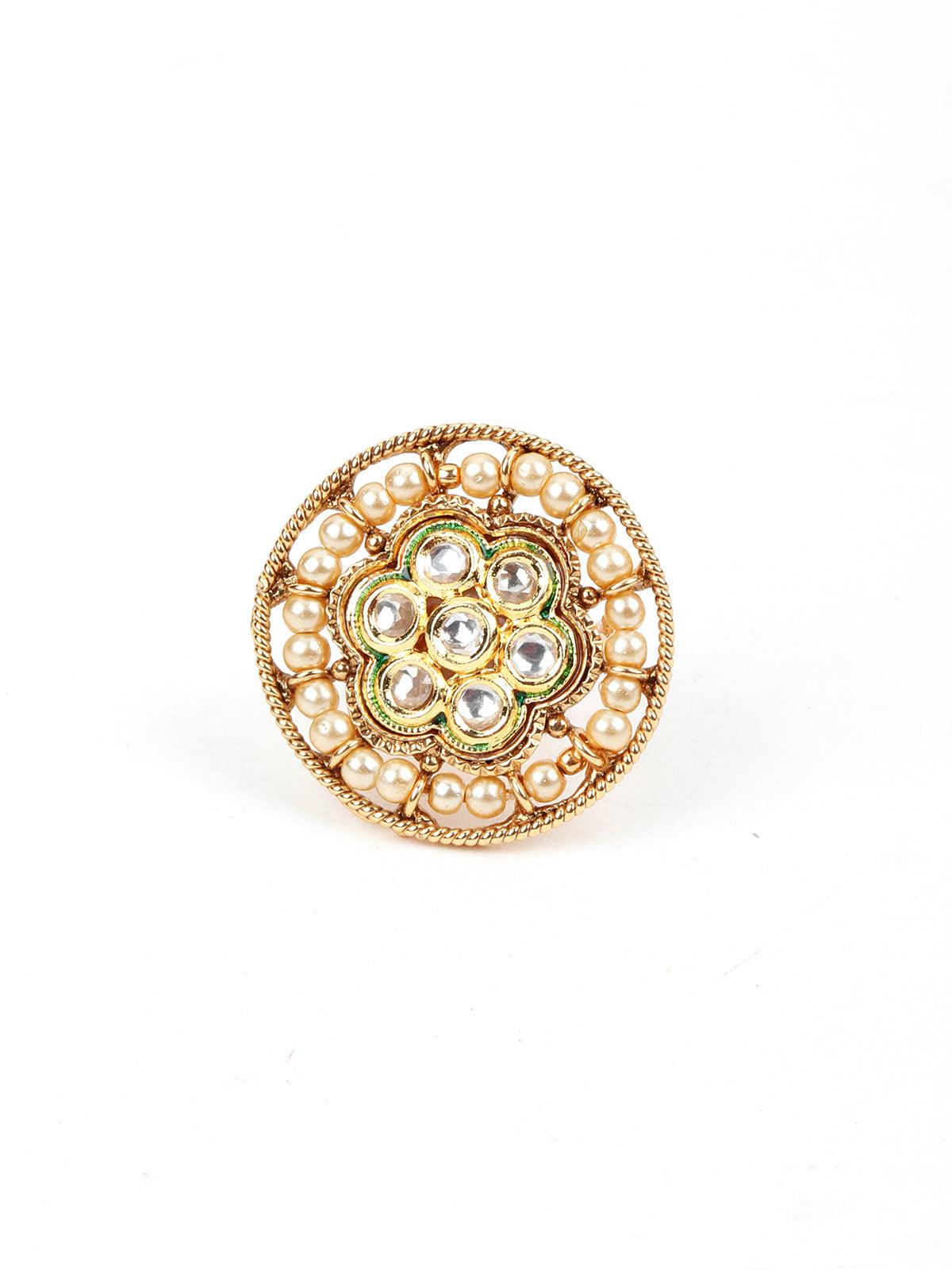 Pearl Kundan Adjustable Finger Ring - Rajwada