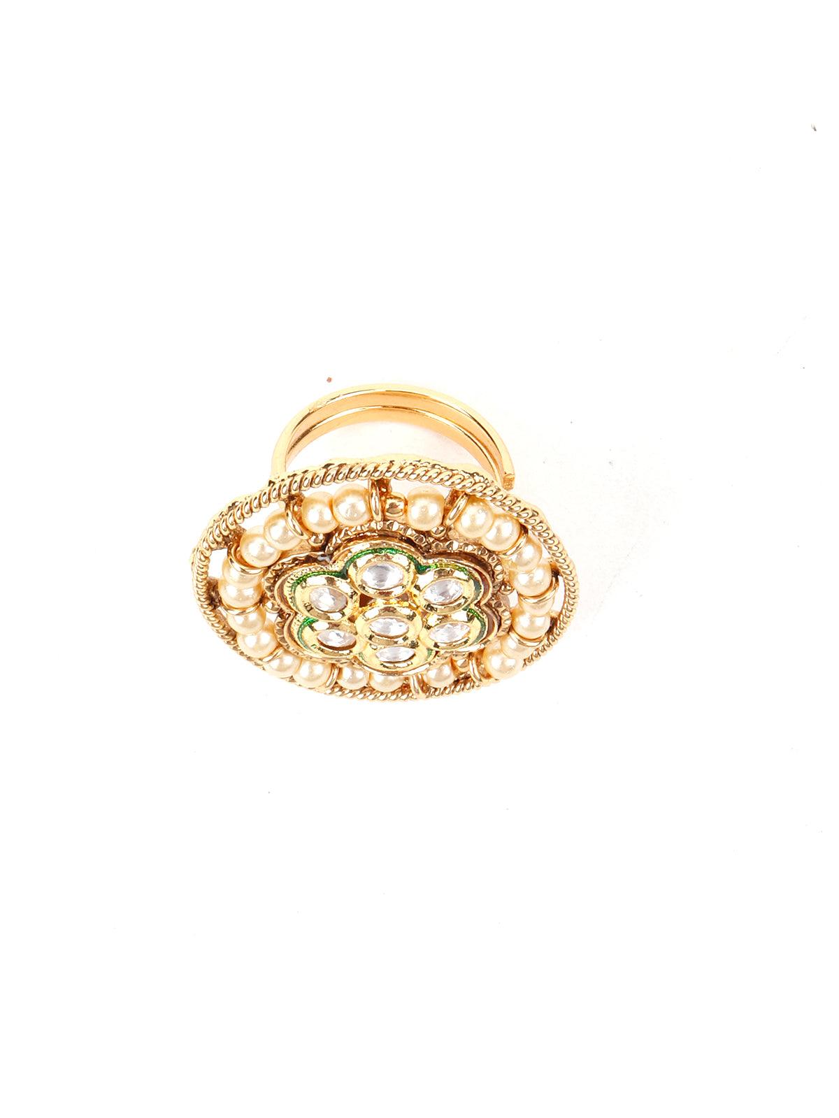 Pearl Kundan Adjustable Finger Ring - Rajwada