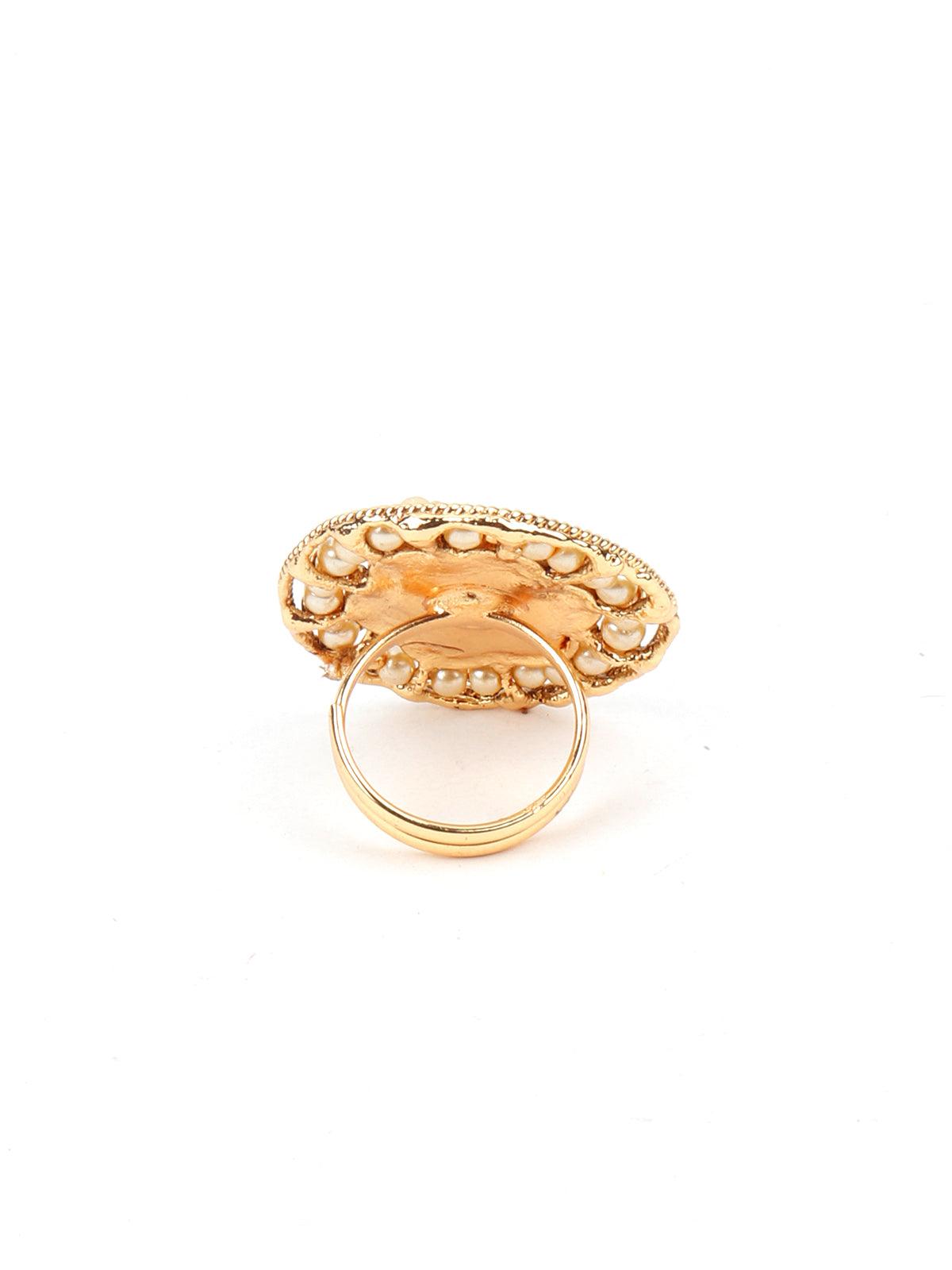 Pearl Kundan Adjustable Finger Ring - Rajwada