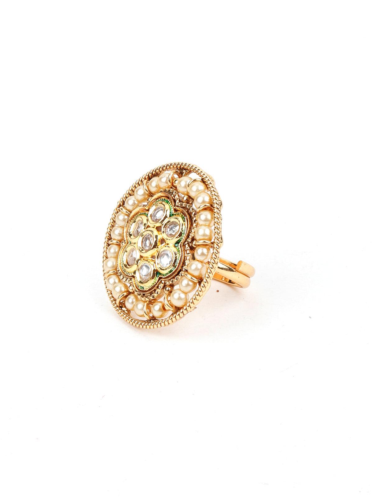 Pearl Kundan Adjustable Finger Ring - Rajwada