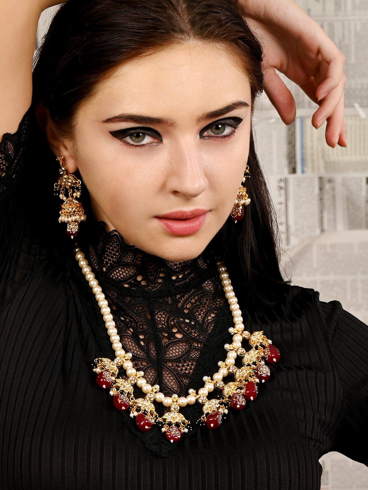 Pearl Necklace With Kundan Work Finish - Rajwada