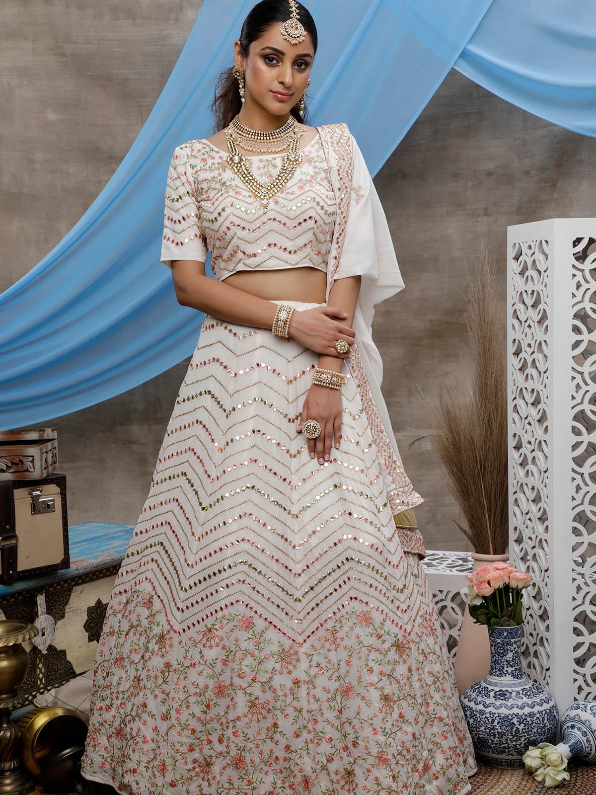 Pearl White Georgette Lehenga Set - Rajwada