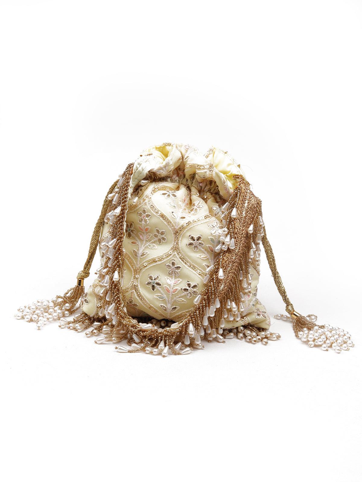 PEARLS EMBELLISHED YELLOW POTLI BAG - Rajwada