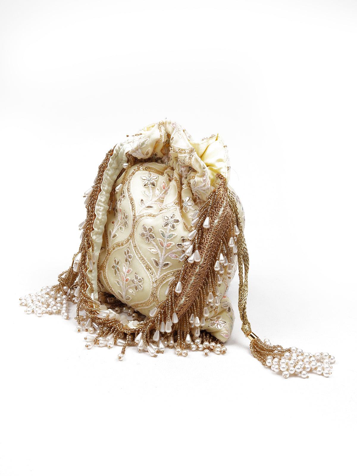 PEARLS EMBELLISHED YELLOW POTLI BAG - Rajwada