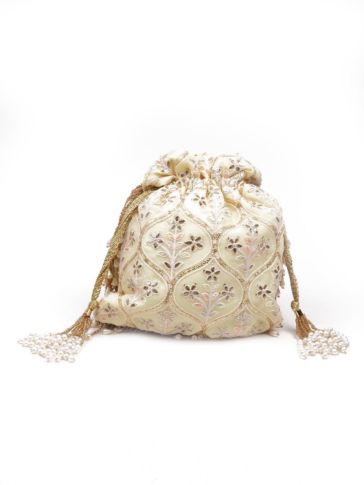 PEARLS EMBELLISHED YELLOW POTLI BAG - Rajwada