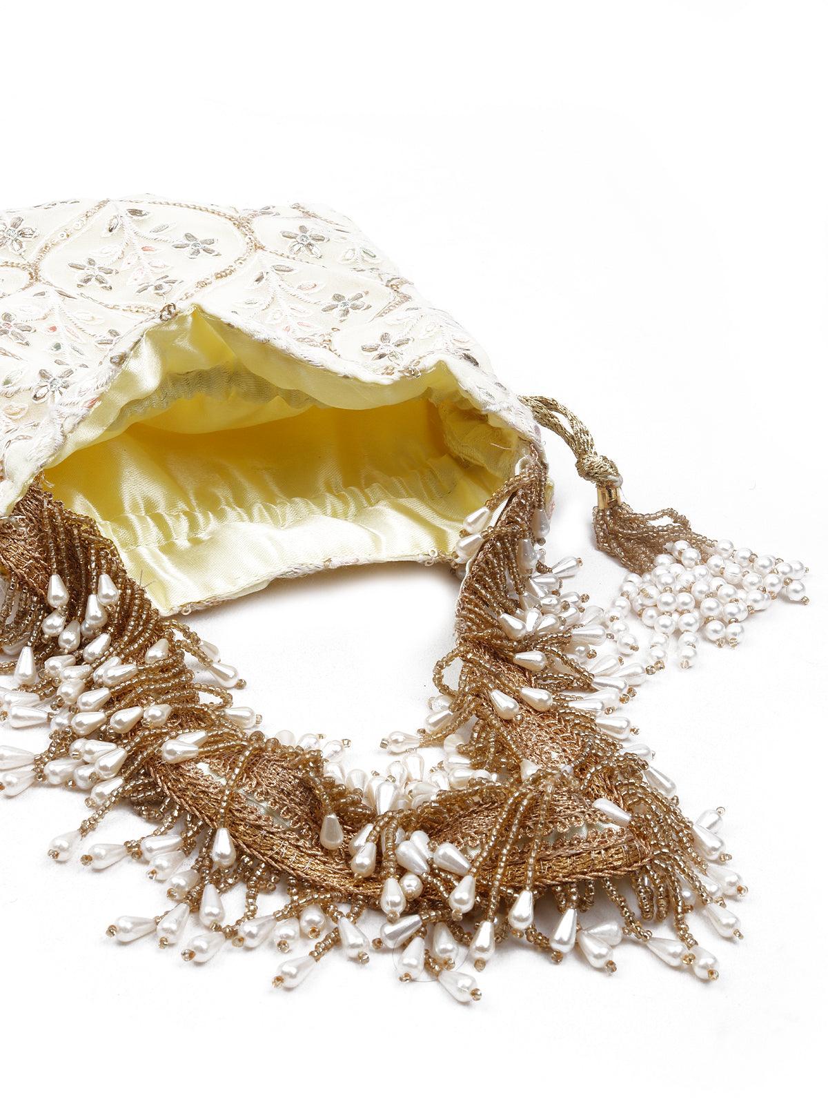 PEARLS EMBELLISHED YELLOW POTLI BAG - Rajwada