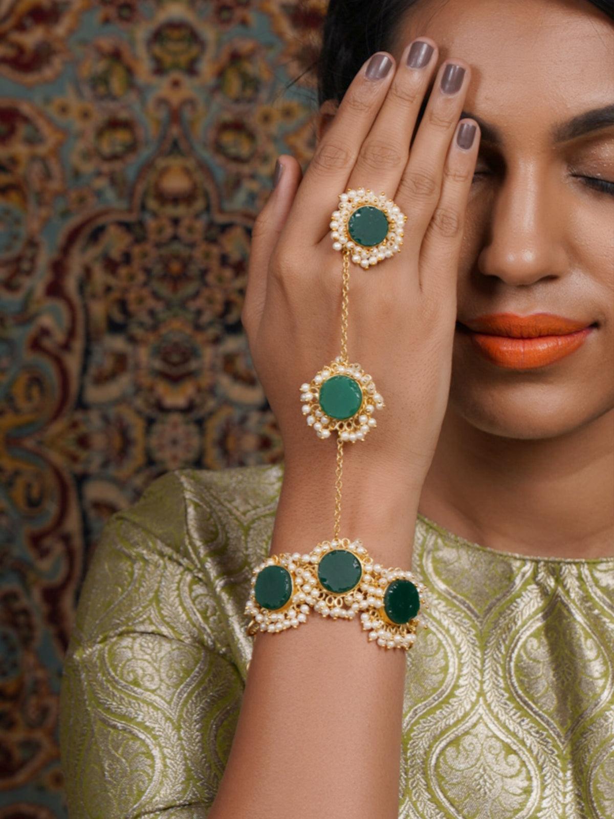 Perfect Gold Tone Green Druzy-Pearl Bracelet - Rajwada