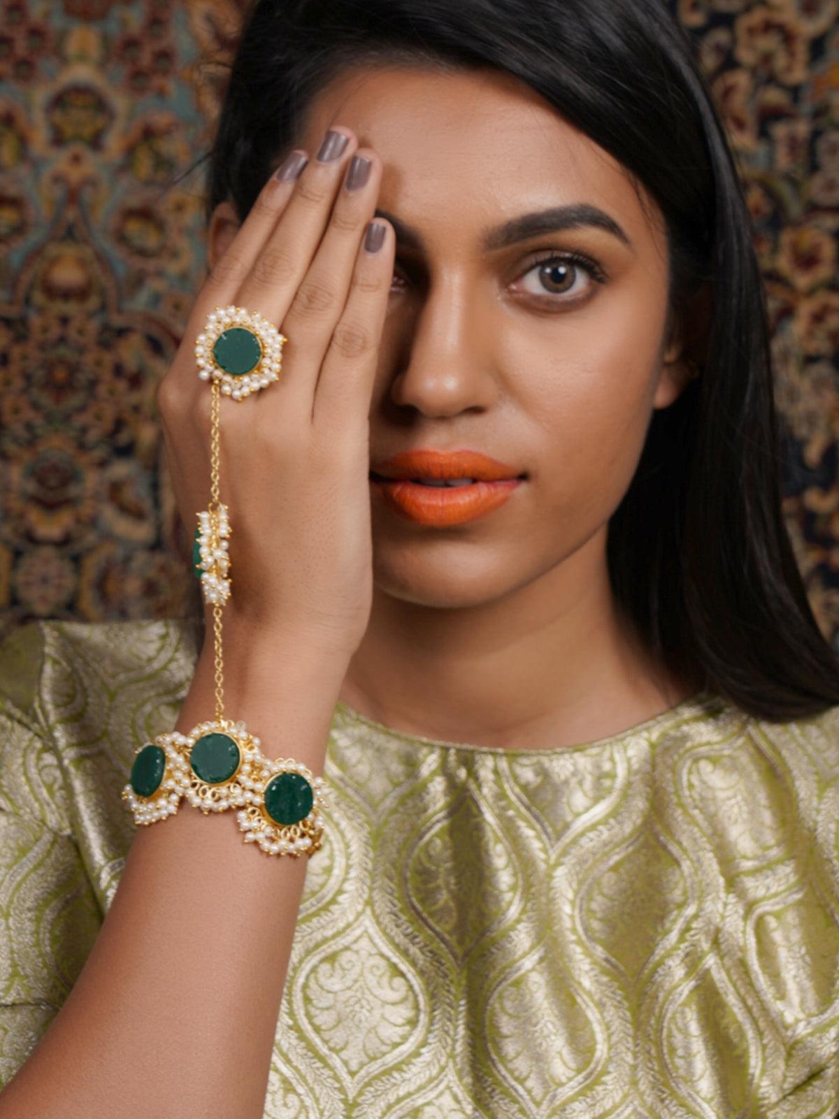 Perfect Gold Tone Green Druzy-Pearl Bracelet - Rajwada
