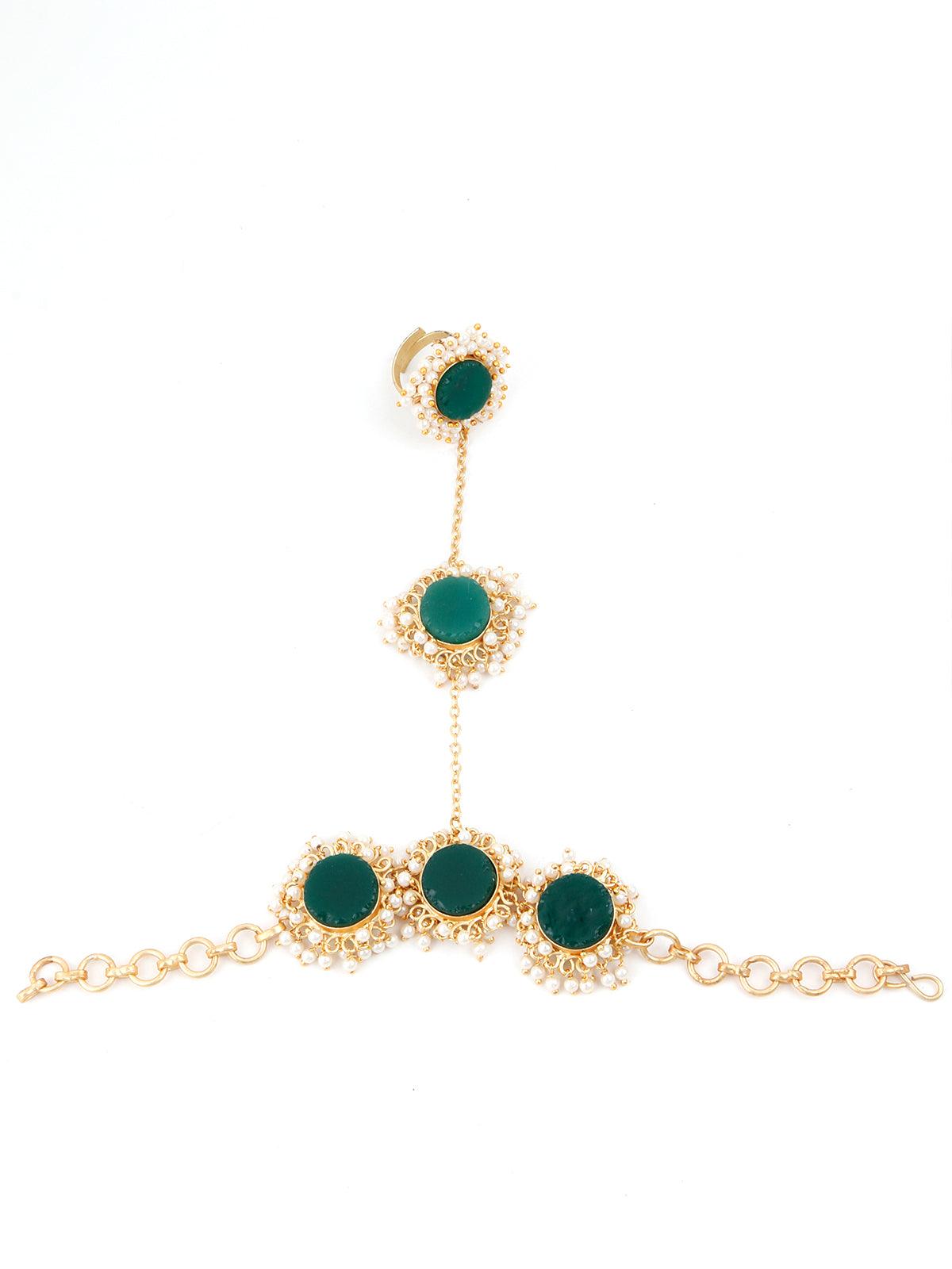 Perfect Gold Tone Green Druzy-Pearl Bracelet - Rajwada