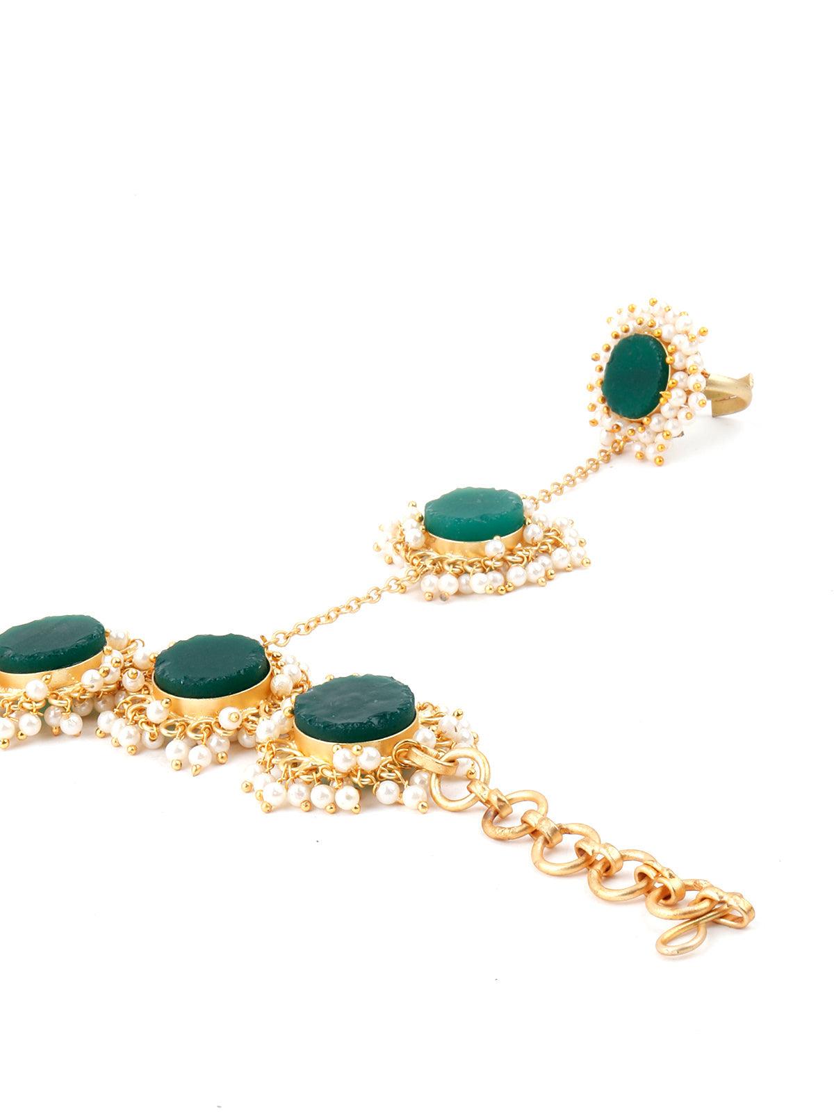 Perfect Gold Tone Green Druzy-Pearl Bracelet - Rajwada