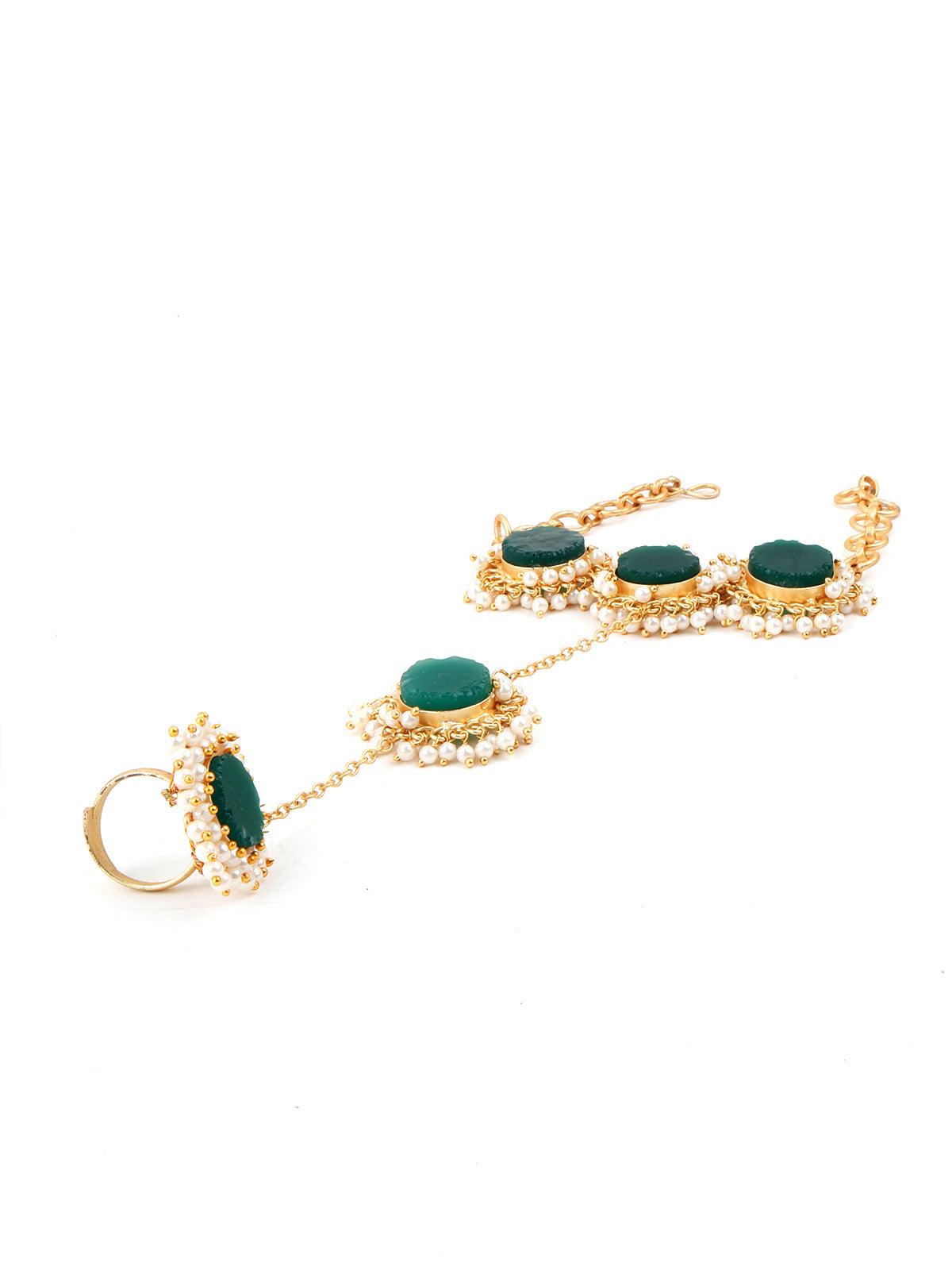 Perfect Gold Tone Green Druzy-Pearl Bracelet - Rajwada