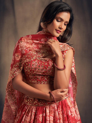 Persian red floral printed Lehenga Choli with Sequins Zari Embroidery Work - Rajwada