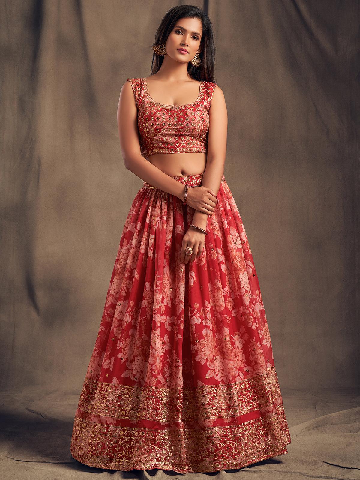 Persian red floral printed Lehenga Choli with Sequins Zari Embroidery Work - Rajwada