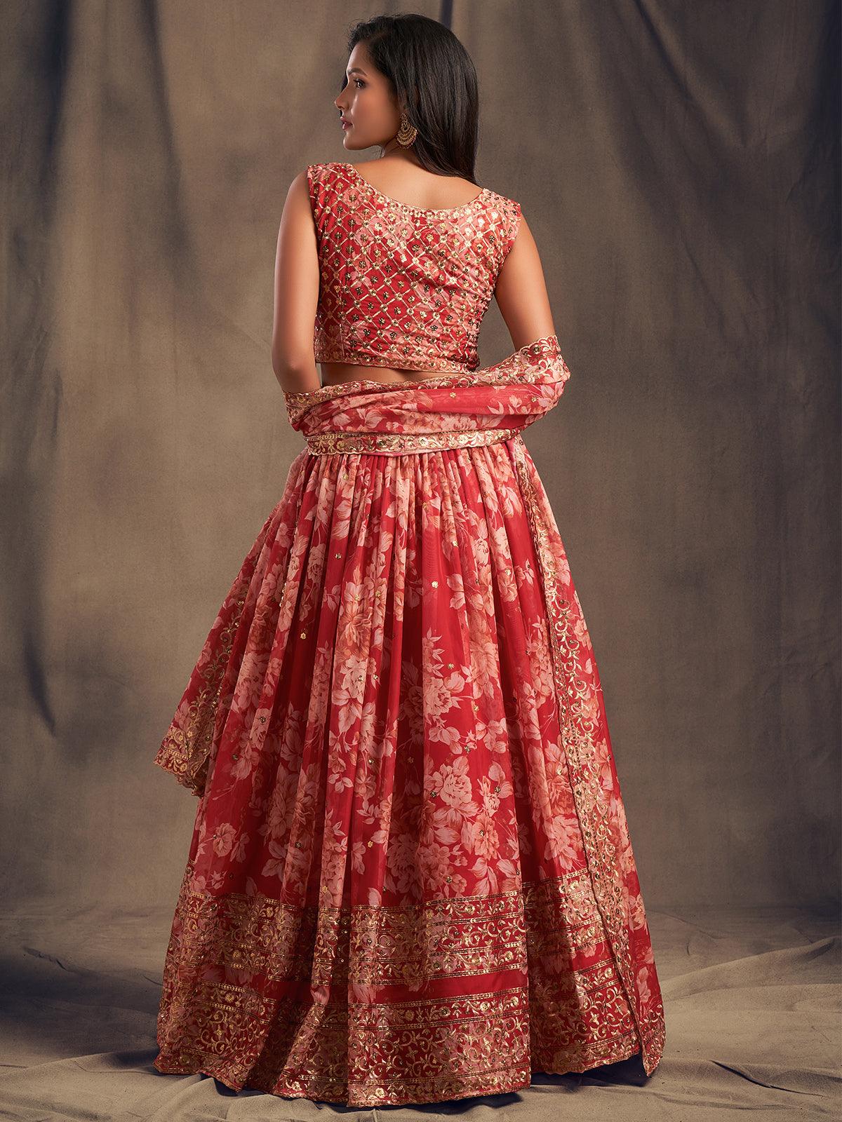 Persian red floral printed Lehenga Choli with Sequins Zari Embroidery Work - Rajwada