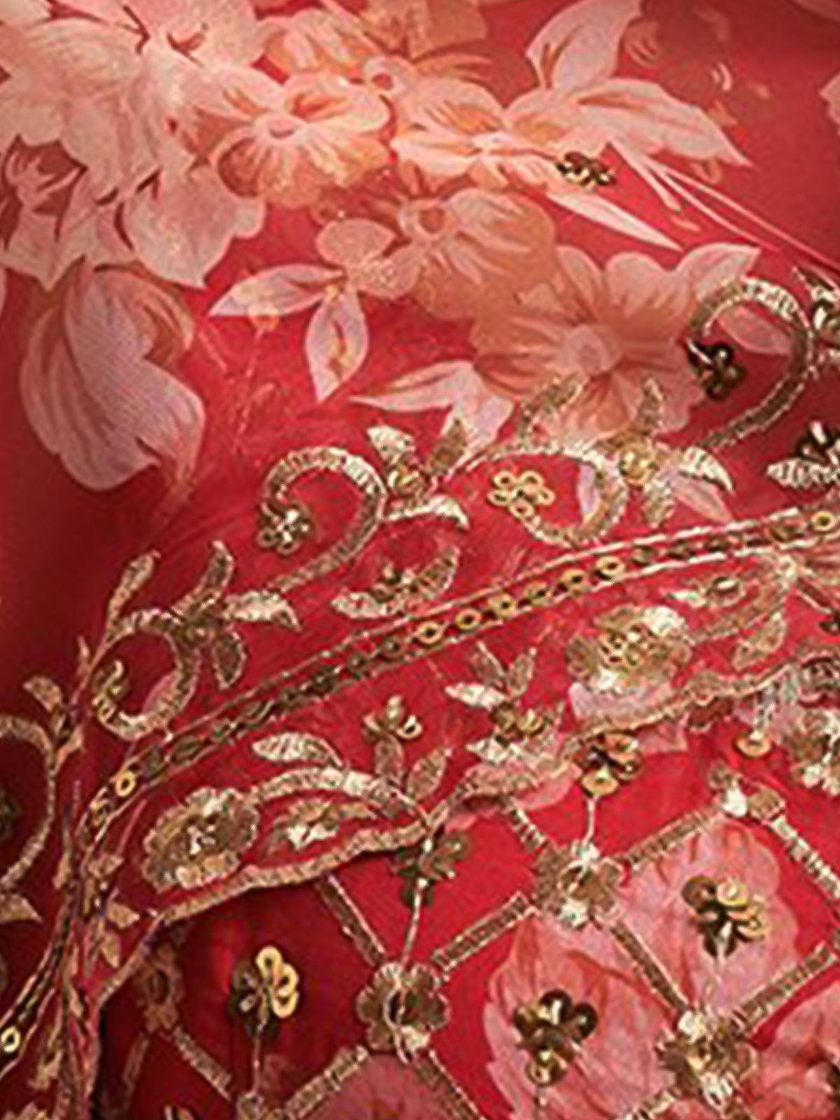 Persian red floral printed Lehenga Choli with Sequins Zari Embroidery Work - Rajwada