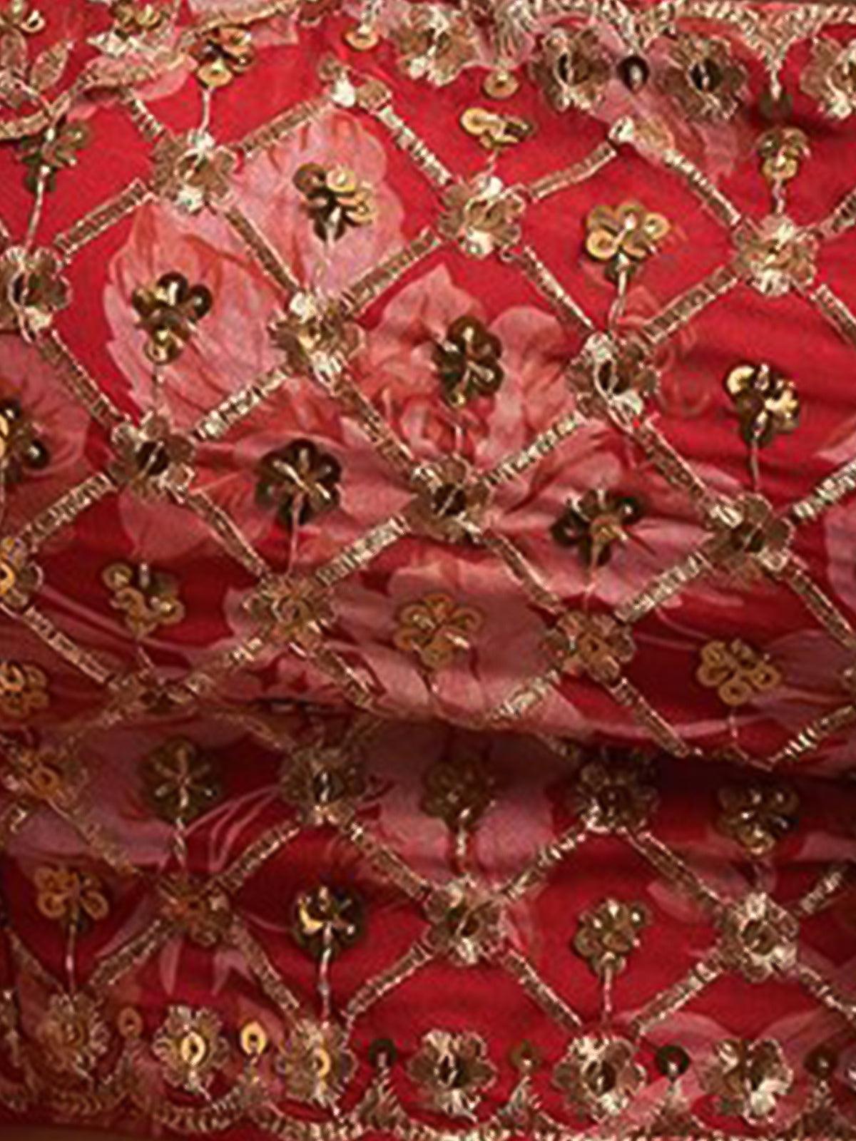 Persian red floral printed Lehenga Choli with Sequins Zari Embroidery Work - Rajwada