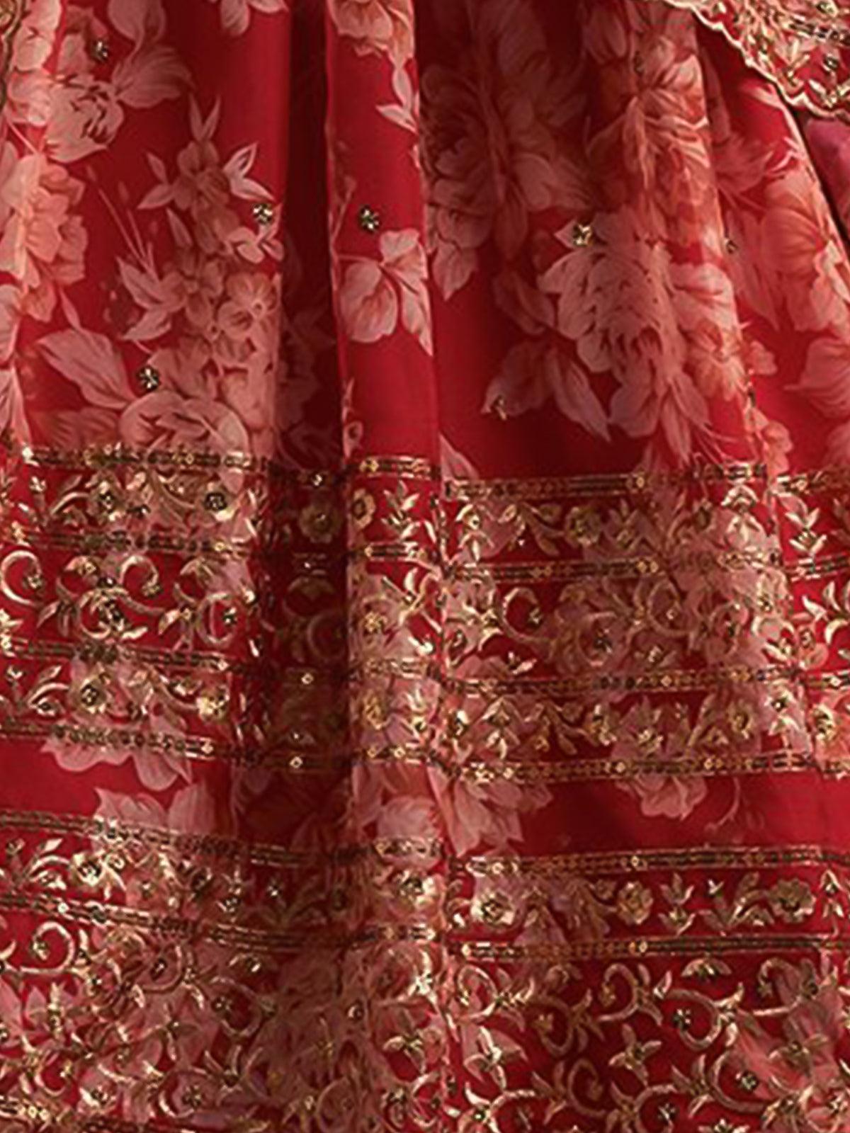 Persian red floral printed Lehenga Choli with Sequins Zari Embroidery Work - Rajwada
