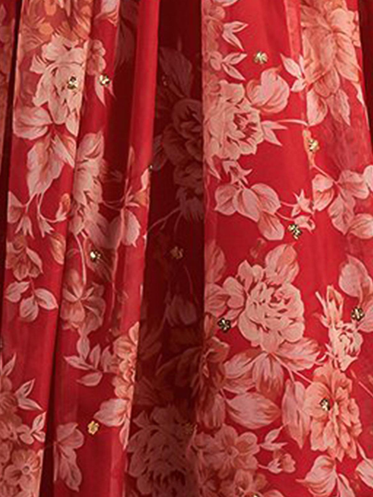 Persian red floral printed Lehenga Choli with Sequins Zari Embroidery Work - Rajwada