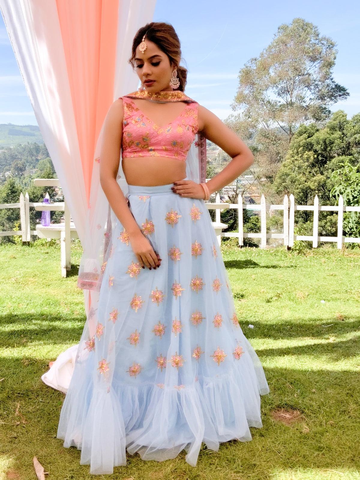 Pink & Blue Soft Net Lehenga - Rajwada