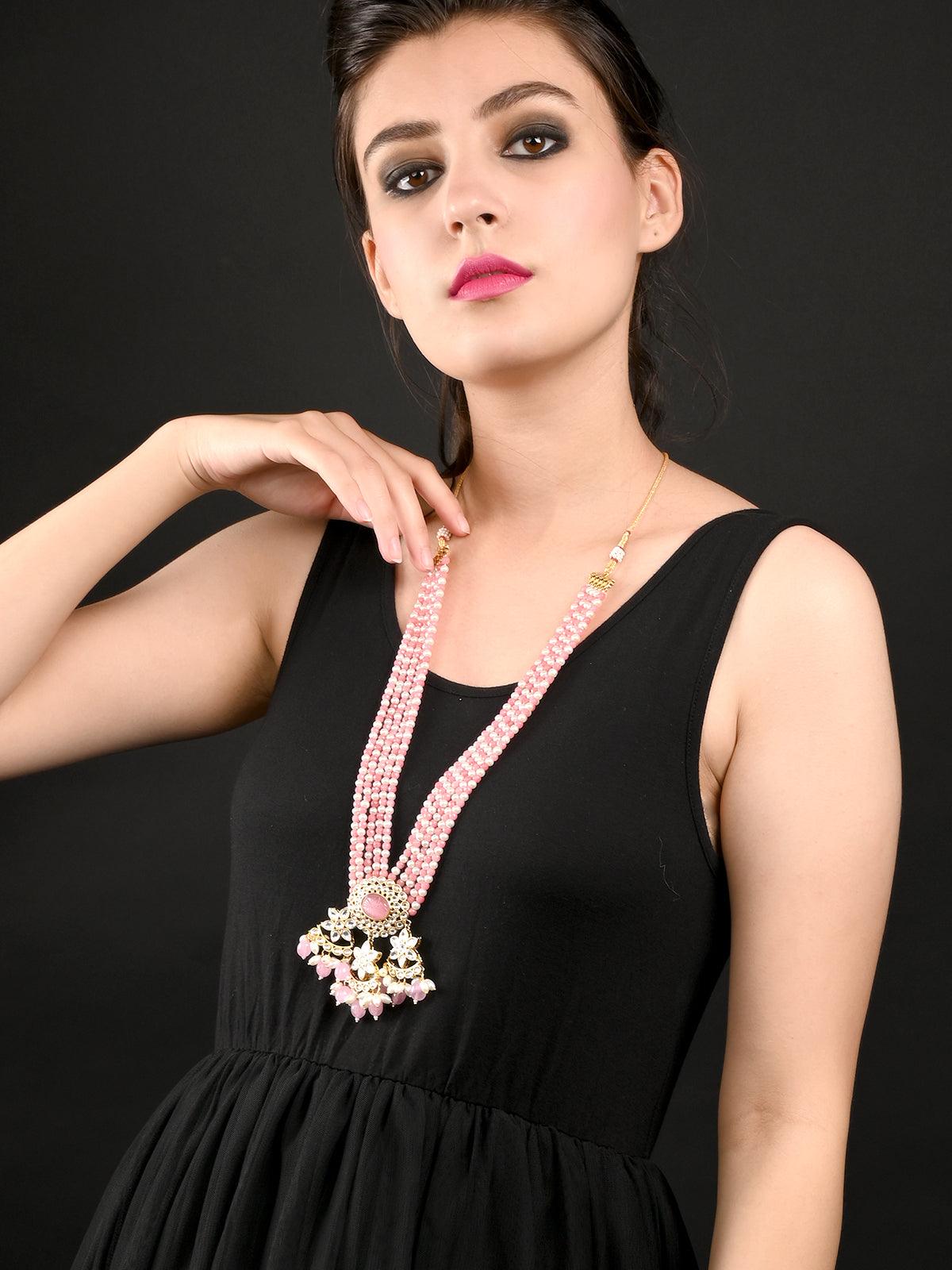 Pink and White Multi Layered Kundan Necklace - Rajwada