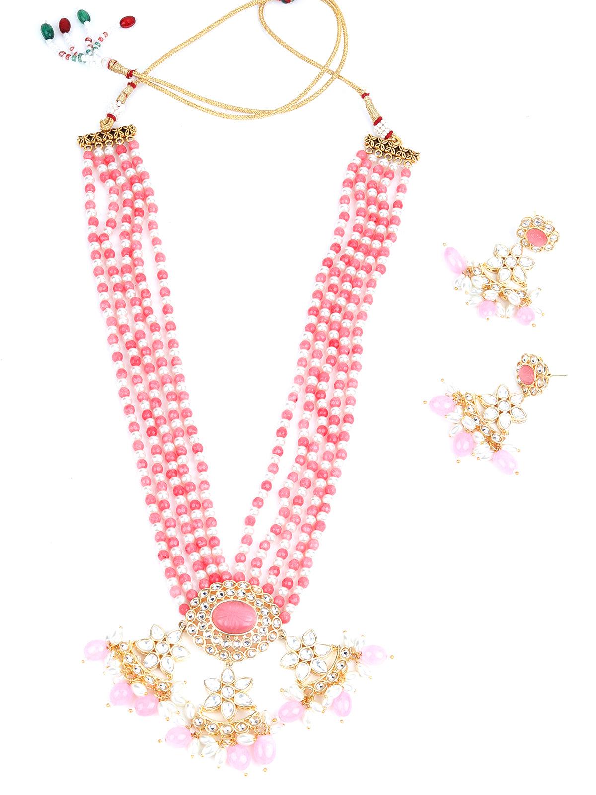 Pink and White Multi Layered Kundan Necklace - Rajwada