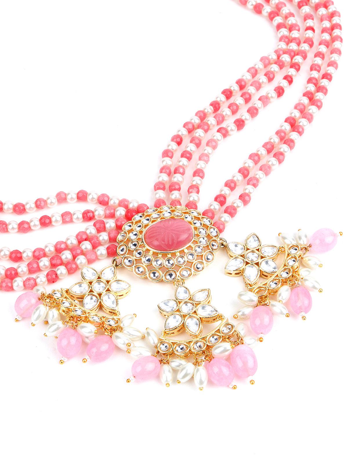 Pink and White Multi Layered Kundan Necklace - Rajwada