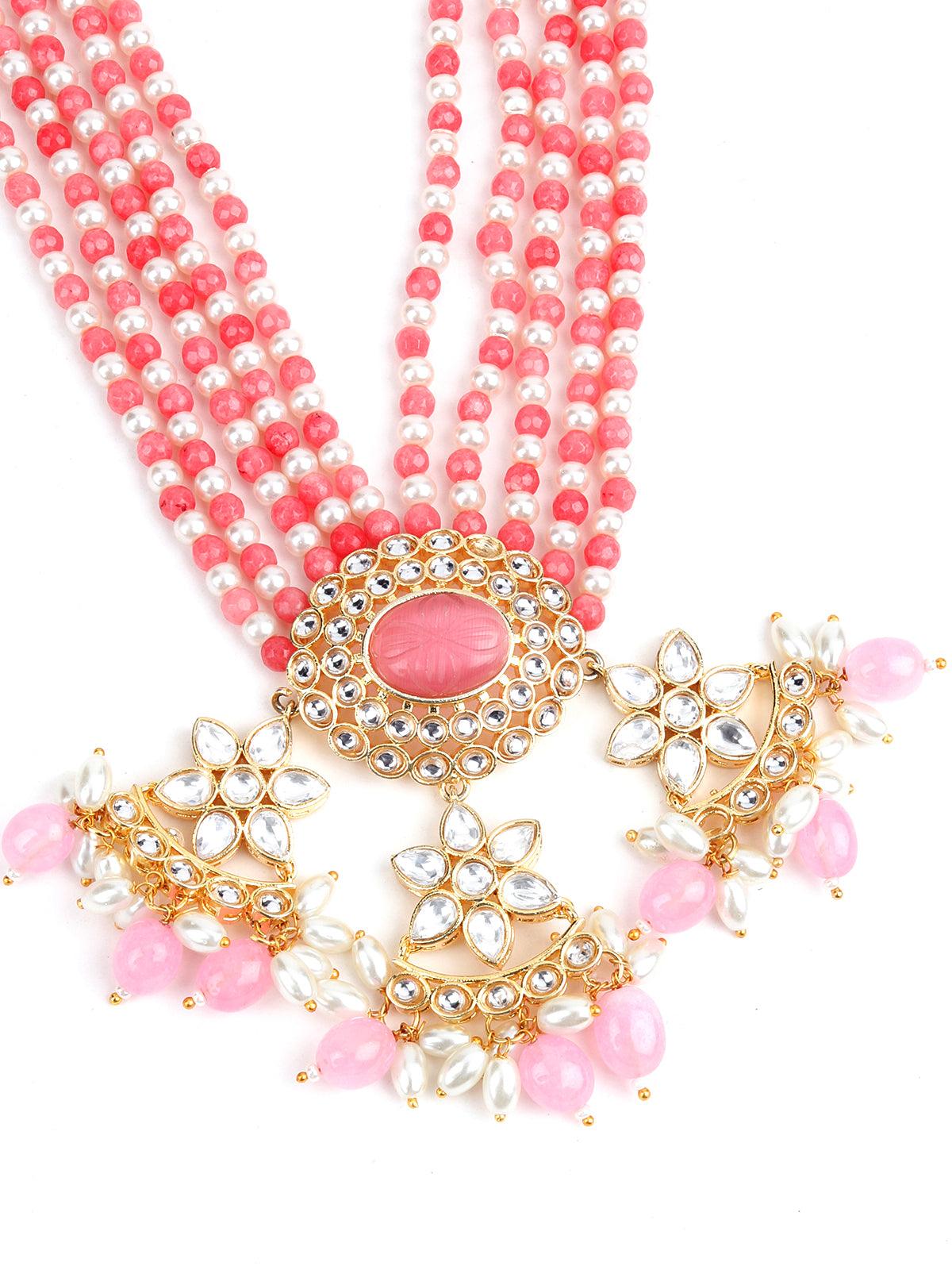 Pink and White Multi Layered Kundan Necklace - Rajwada