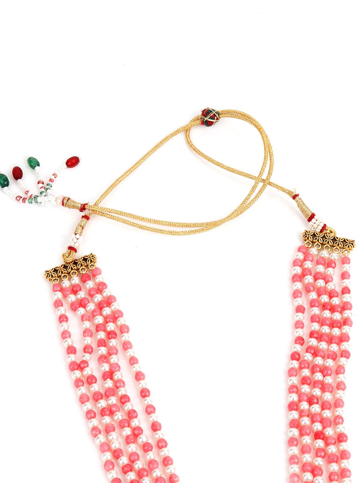 Pink and White Multi Layered Kundan Necklace - Rajwada