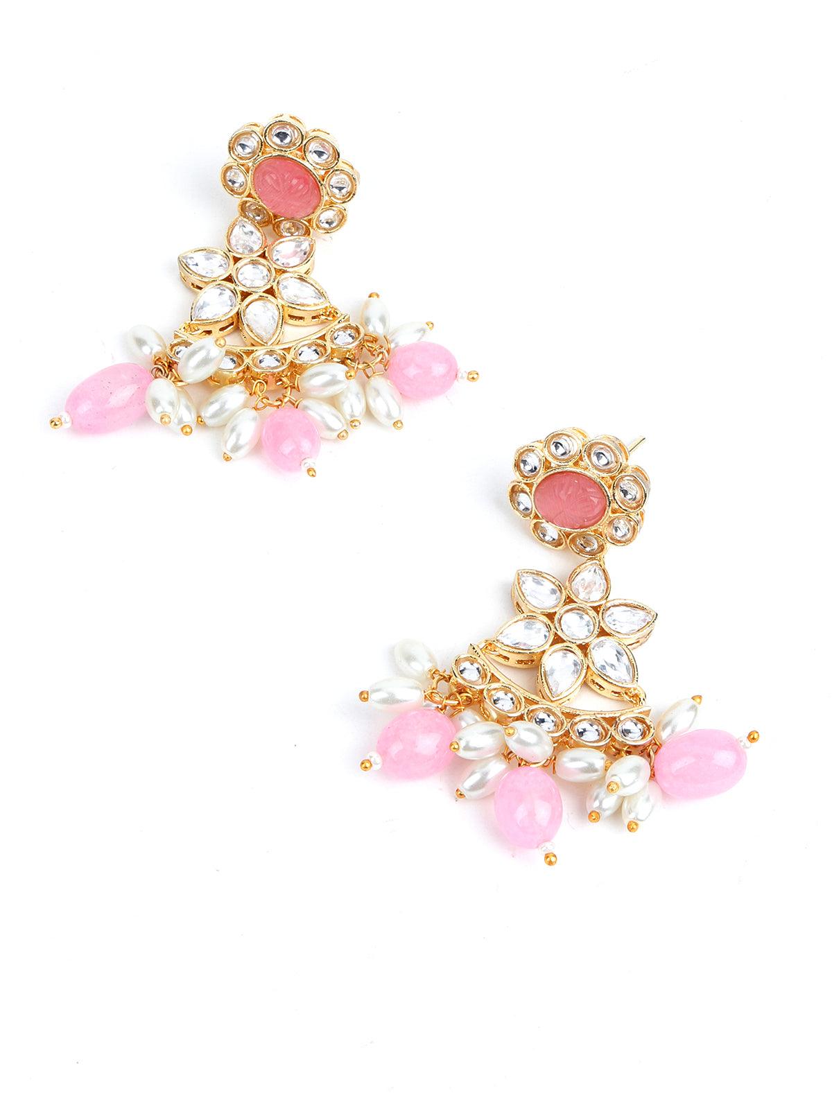 Pink and White Multi Layered Kundan Necklace - Rajwada