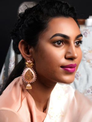 Pink Enamelled Leafy Dangle Earrings - Rajwada