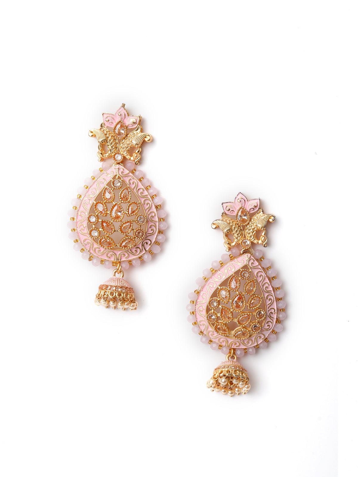 Pink Enamelled Leafy Dangle Earrings - Rajwada