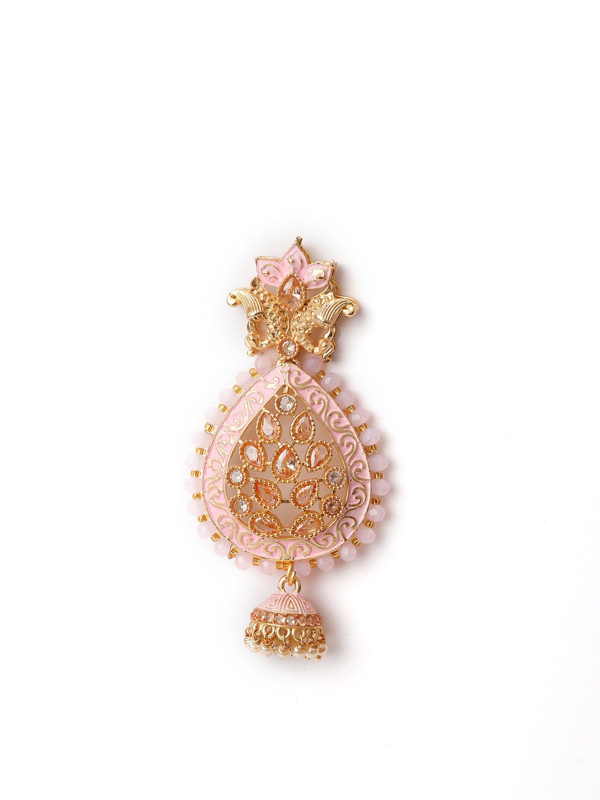 Pink Enamelled Leafy Dangle Earrings - Rajwada