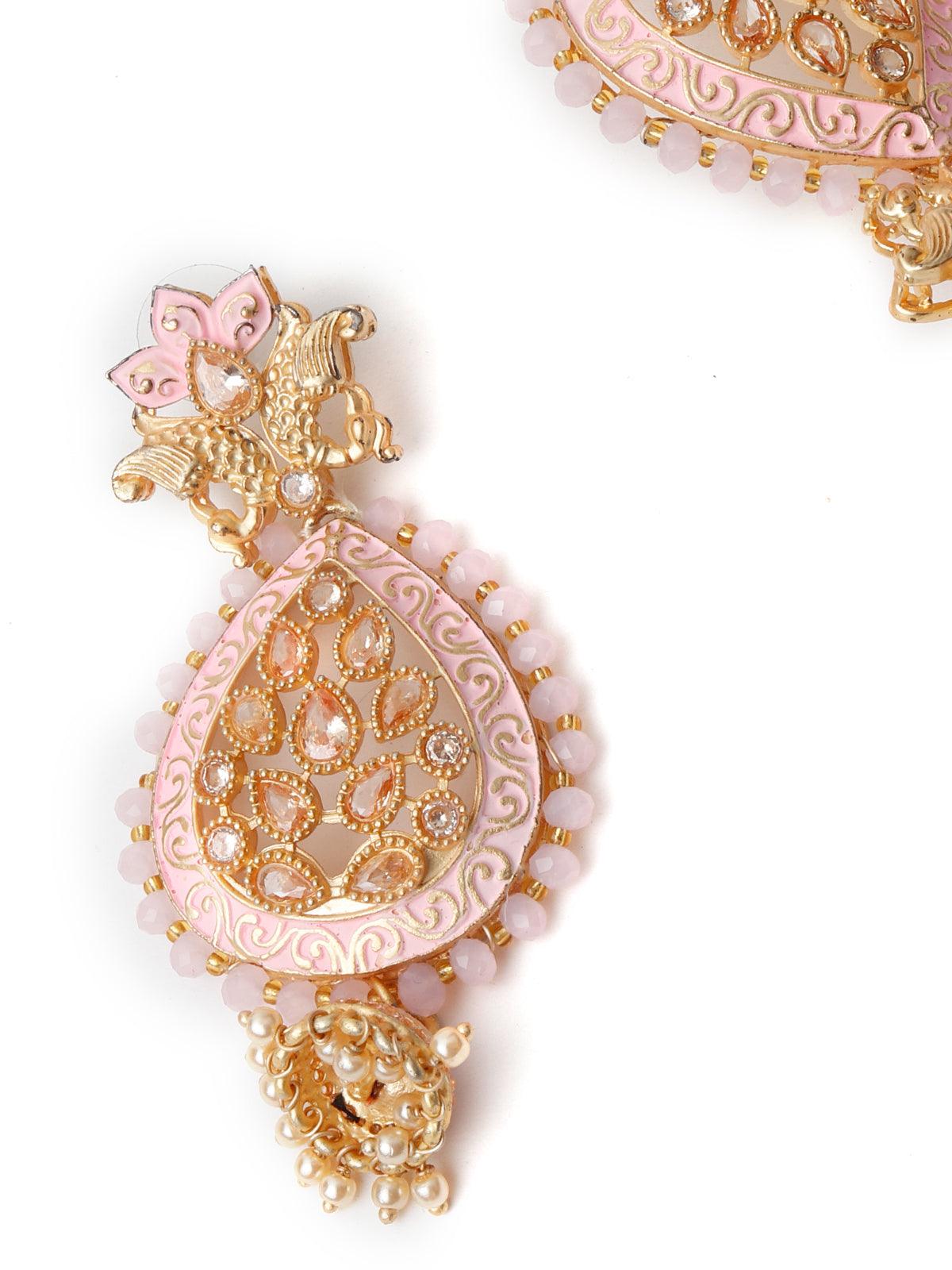 Pink Enamelled Leafy Dangle Earrings - Rajwada