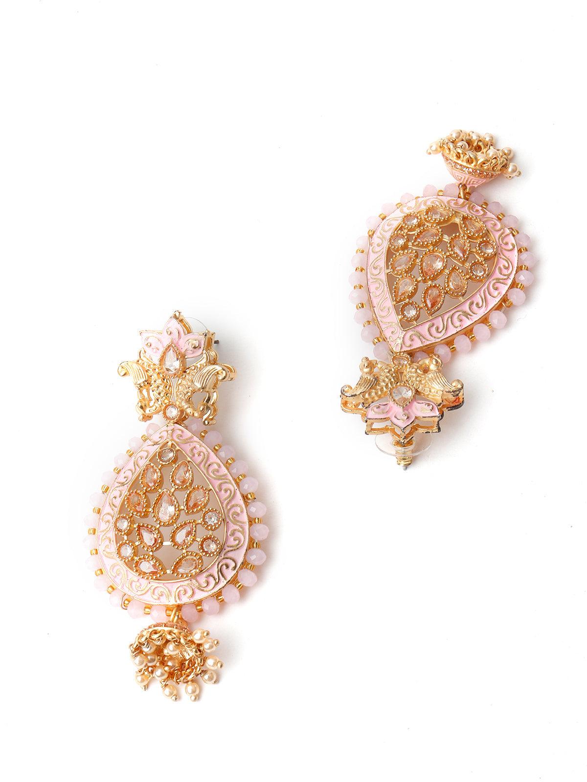 Pink Enamelled Leafy Dangle Earrings - Rajwada