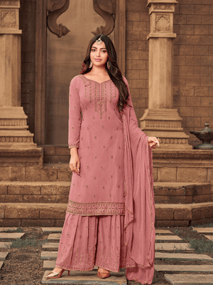 Pink Georgette Designer Embroidery Diamond Stone Work Kurta Set - Rajwada