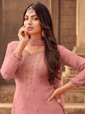 Pink Georgette Designer Embroidery Diamond Stone Work Kurta Set - Rajwada