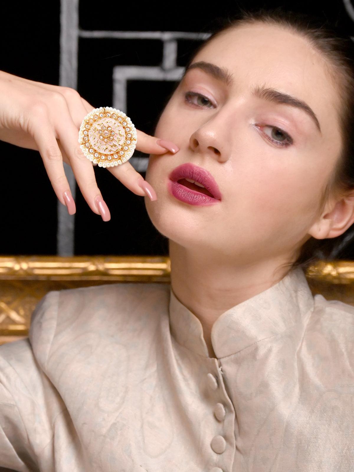 Pink Pearl Round Finger Ring - Rajwada
