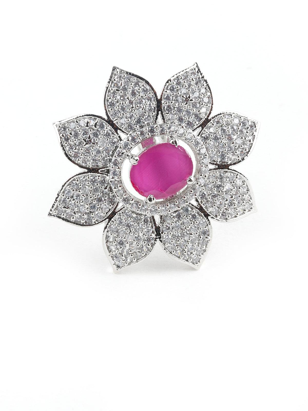 Pink Ruby Floral Finger Ring - Rajwada