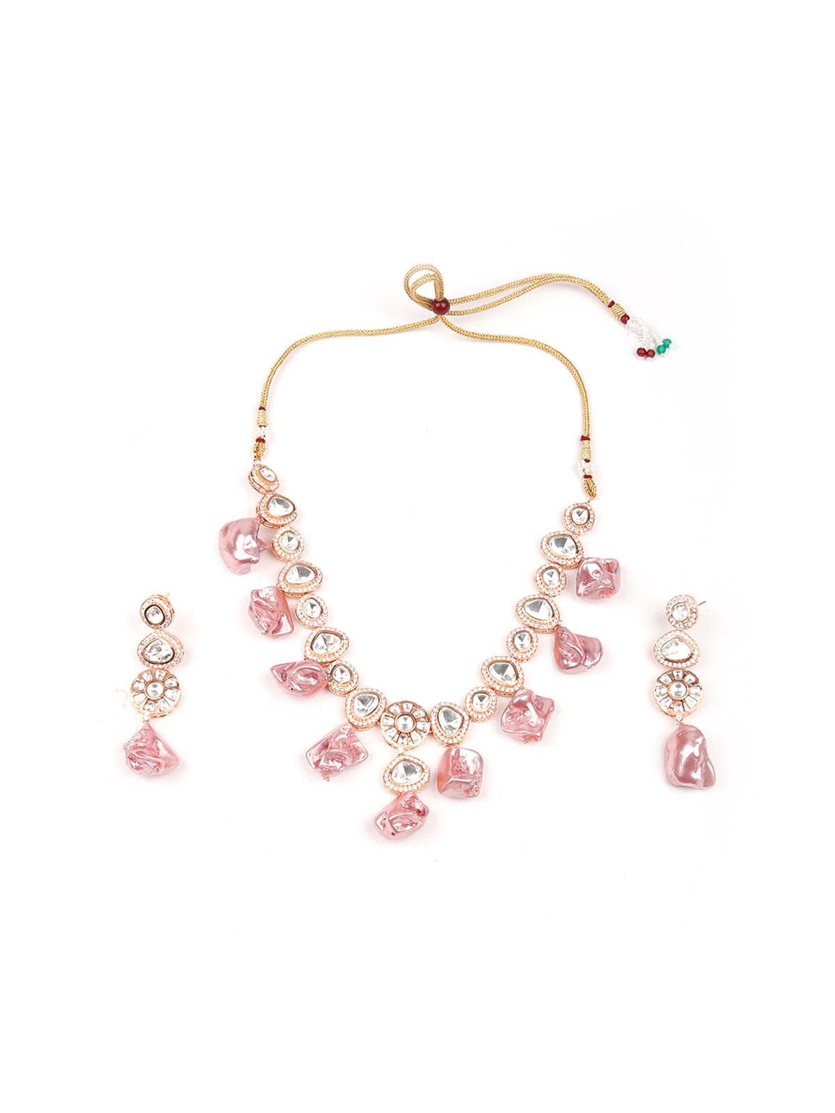 Pink studded stunning statement necklace set - Rajwada