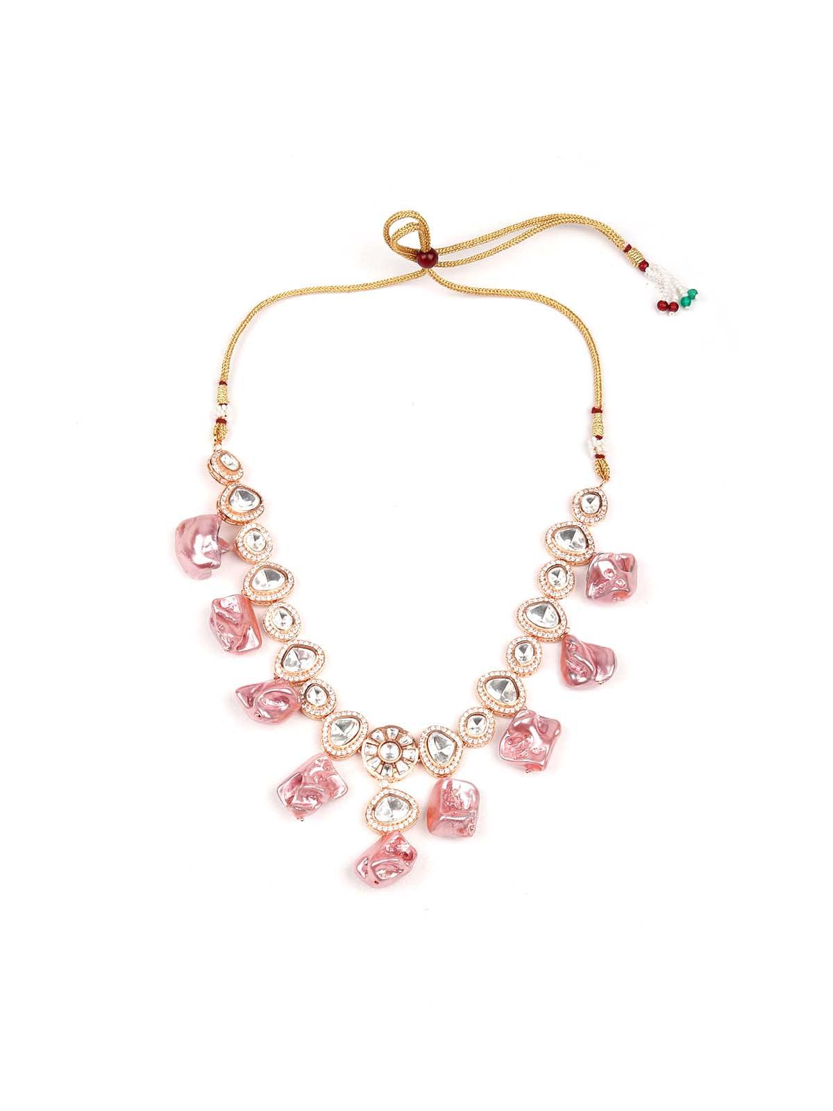 Pink studded stunning statement necklace set - Rajwada